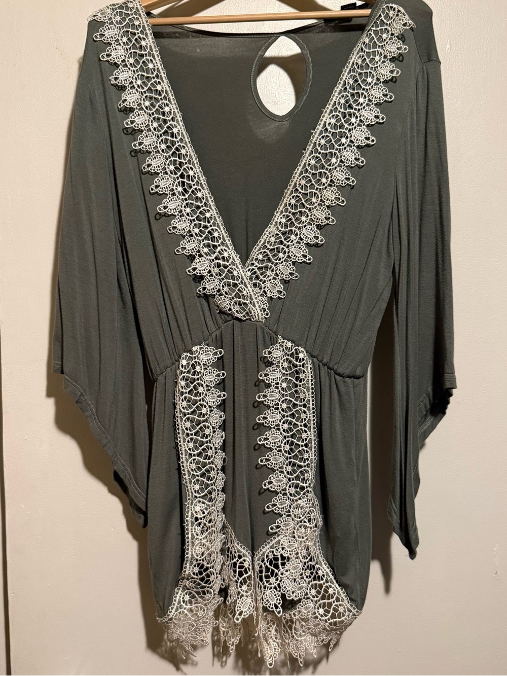 Green Lace-Trimmed V-Neck Flowy Romper